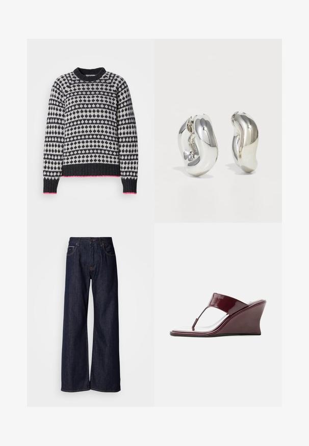 Pull en tricot avec un col rond, motifs géométriques en bleu marine et crème, bordure rose et poignets côtelés. Texture douce.; Jean en denim noir à jambes larges et taille haute, avec poches avant et détails de couture subtils. Texture lisse avec une coupe classique.; Sandale compensée bordeaux brillante pour femme avec bride d’orteil et talon angulaire, vue de profil sur fond blanc.; Boucles d'oreilles sculpturales en argent avec des formes douces et courbes et des surfaces réfléchissantes. Présentent un design de boucle fermée et une forme organique distincte.