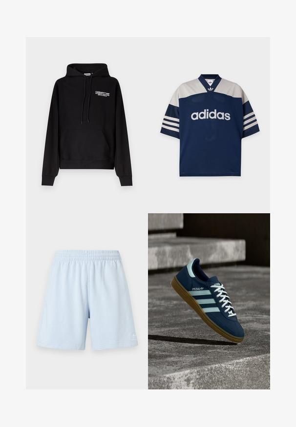 Μαύρο φούτερ Carhartt WIP με τσέπη καγκουρό μπροστά, κουκούλα με κορδόνι και λευκό κείμενο λογότυπου στο αριστερό στήθος.; Σπορ φανέλα Adidas σε ναυτικό μπλε και ανοιχτό γκρι με κοντά μανίκια, λευκό λογότυπο Adidas στο κέντρο μπροστά και τρεις λευκές ρίγες στα μανίκια.; Αθλητικά σορτς σε ανοιχτό γαλάζιο χρώμα με ελαστική μέση, πλαϊνές τσέπες και διακριτική λογότυπο στο κάτω τελείωμα. Κατασκευασμένα από μαλακό ύφασμα.; Μπλε sneaker Adidas Spezial με λευκές ρίγες και κορδόνια, λαστιχένια σόλα, αιωρείται πάνω από τραχιά επιφάνεια σκυροδέματος και σκαλοπάτια στο φόντο.