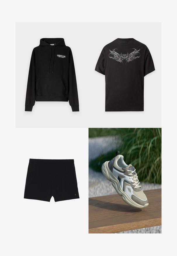 Sort Carhartt WIP-hættetrøje med front-kængurulomme, hætte med snøre og hvidt logo på venstre bryst.; Sort t-shirt med korte ærmer med et symmetrisk sølvdragedesign med pink accenter på brystområdet.; Sorte sportsshorts med en glat tekstur, elastisk talje og to sidelommer. Har et lille logo nederst til højre.; Grå og hvid sneaker med en mesh-overdel, polstret tunge, teksturerede accenter og en tyk gummisål, hævet over en træoverflade.