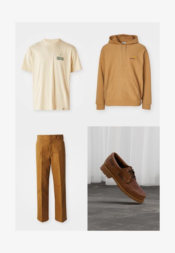 Sudadera con capucha marrón hecha de un tejido suave, con un bolsillo frontal tipo canguro y logo bordado en el pecho. Diseño simple, puños acanalados.; Camiseta de algodón color crema con cuello redondo, mangas cortas y un estampado gráfico en el lado izquierdo del pecho que representa una televisión vintage.; Pantalones tailored marrones con una textura suave, que presentan un diseño de pierna recta, pinzas en la parte delantera y una cinturilla estándar.; Zapato náutico de cuero marrón con cordones negros, costuras beige y una suela resistente, suspendido sobre un suelo de hormigón gris.