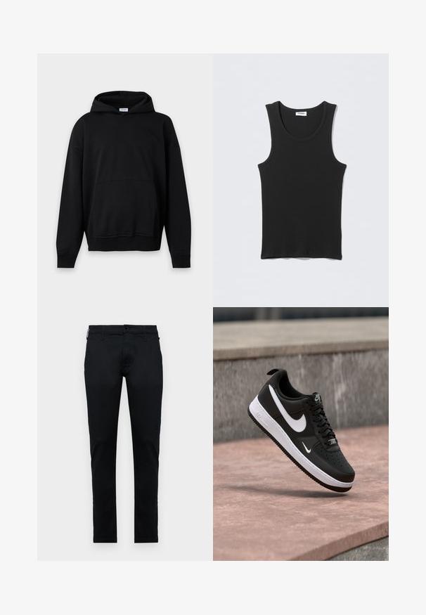 Sudadera negra lisa con capucha, mangas largas, bolsillo delantero y puños y bajo acanalados, mostrada sobre un fondo gris claro.; Camiseta de tirantes negra con tejido acanalado y cuello redondo, vista desde arriba sobre fondo gris claro. La etiqueta dice "WEEKDAY."; Pantalones de tejido negro, diseño ajustado, con bolsillos estándar, cierre delantero con botón y costuras en contraste. Textura suave, sin patrones.; Zapatilla Nike Air Force 1 en blanco y negro suspendida sobre una superficie de concreto rosa con un fondo de piedra gris.