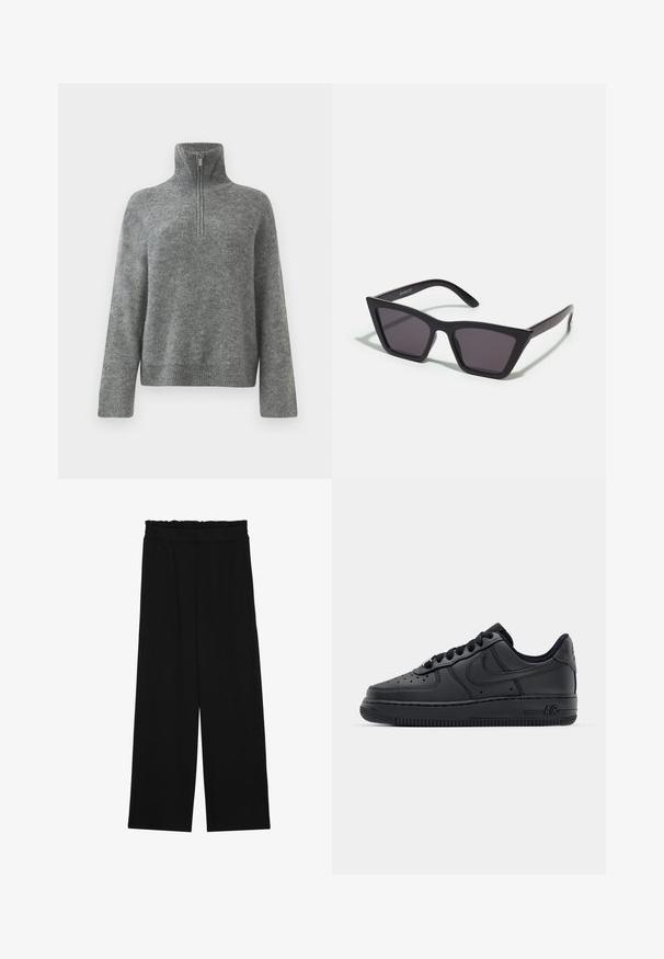 Pull en maille gris avec un col montant et une fermeture zippée quart devant. Présente des poignets et un ourlet côtelés, offrant une texture douce et lisse.; Pantalons larges noirs à taille volante, dotés de deux poches latérales et d'un tissu lisse et léger. Pas de motifs ni de matériel visible.; Baskets en cuir noir avec boîte à orteils perforée, lacets plats et semelle en caoutchouc. Présente un petit logo sur le côté et des détails texturés.; Lunettes noires angulaires avec des verres gris ; fabriquées en plastique, avec des branches épaisses à la surface lisse et sans matériel visible.
