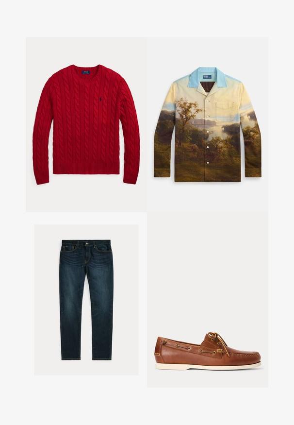Červený pletený sveter s okrúhlym výstrihom, dlhými rukávmi a malým tmavomodrým logom Polo Ralph Lauren na ľavej strane hrudníka.; Košeľa na gombíky s potlačou krajiny. Má svetlomodrý golier, dlhé rukávy a náprsné vrecko. Materiál je hladký na dotyk.; Tmavomodré slim fit džínsy s miernym vyblednutím a dizajnom s piatimi vreckami, položené na bielom pozadí.; Hnedá kožená lodná obuv s bielou podrážkou, šnúrka zviazaná na vrchu a kovové oko pozdĺž strán a predného švu.