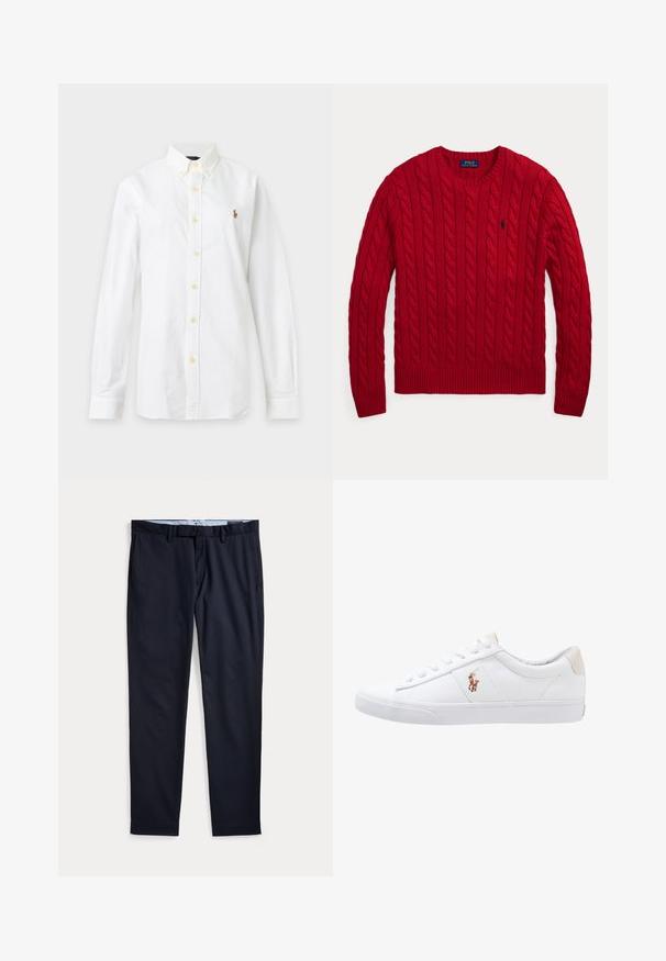 Roter Strickpullover mit Rundhalsausschnitt, langen Ärmeln und kleinem navyfarbenem Polo Ralph Lauren Logo auf der linken Brust.; Weißes Hemd mit langen Ärmeln, Knopfleiste, Kragen und kleinem gesticktem Logo auf der linken Brust vor schlichtem Hintergrund.; Marineblaue Herrenhose mit Gürtelschlaufen, Reißverschluss und Seitentaschen, flach auf weißem Hintergrund ausgelegt.; Weiße Leinensneaker im Low-Top-Design mit einem beigen Ferseneinsatz und einem kleinen gestickten Logo an der Seite. Gummisohle.