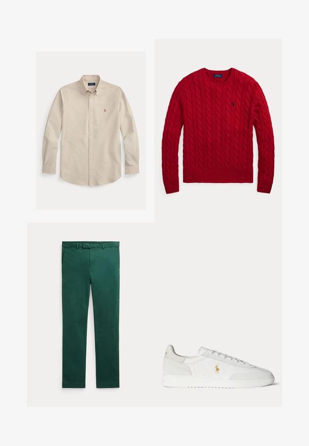 Červený pletený sveter s okrúhlym výstrihom, dlhými rukávmi a malým tmavomodrým logom Polo Ralph Lauren na ľavej strane hrudníka.; Béžová košeľa s dlhými rukávmi na gombíky, golierom, vyšívaným logom Polo Ralph Lauren na hrudi a manžetami s gombíkmi.; Tmavozelené nohavice s rovnými nohavicami, pútkami na opasok, bočnými vreckami a predným zipsom na jednoduchom svetlom pozadí.; Biela nízka teniska so šnurovaním, zlaté logo Polo Ralph Lauren na boku a textúrovaná podrážka na jednofarebnom pozadí.