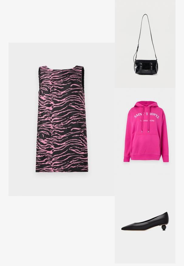 Kirkkaan pinkki huppari, jossa on etutasku, kiristysnauhat ja valkoinen "Saint Tropez Michael Kors" -teksti rinnassa, esillä yksivärisellä taustalla.; Hihaton musta mekko, jossa on vaaleanpunainen tiikeriraidallinen kuvio, suoralinjainen leikkaus ja sileä pinta. Ei näkyviä kiinnityksiä tai koristeita.; Musta kärjestään terävä matala korkokenkä, jossa on ainutlaatuinen pyöreä veistoksellinen korko ja sileä nahkapäällinen, nähtynä sivulta valkoisella taustalla.; Musta nahkainen olkalaukku säädettävällä hihnalla, kaksi eteen pystysuoraa vetoketjua ja pieni metallinen siipimerkki vetoketjujen alla.