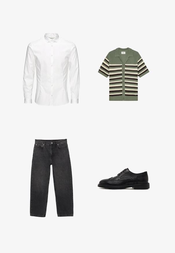 Cardigan court à manches courtes en maille verte avec des rayures horizontales noires, blanches et beige, et une patte de boutonnage sur le devant.; Chemise blanche à manches longues avec boutons, fabriquée dans un tissu lisse. Dotée d'un col classique, de boutons sur le devant et de poignets à un bouton. Design ajusté.; Jean denim noir avec une coupe droite, cinq poches et des accents métalliques. Le tissu présente une finition subtilement texturée.; Chaussure habillée en cuir noir avec des détails en brogue, un bout rond, un système de laçage et un petit talon empilé. Texture lisse avec des accents minimalistes.