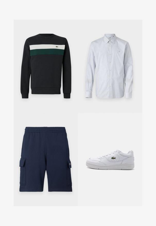 Sudadera oscura con base negra, con rayas horizontales verdes y blancas en el pecho y un pequeño logo bordado a la izquierda.; Camisa de manga larga a rayas en mezcla de algodón azul claro y blanco. Presenta cierre de botones, un cuello clásico y un pequeño logo bordado en el pecho.; Pantalones cortos cargo azul marino hechos de tela suave, con una cintura elástica, dos bolsillos laterales y un pequeño detalle con logo en el bolsillo izquierdo.; Zapatillas de cuero blanco con puntera perforada y un logotipo de cocodrilo verde en el costado exterior. Cuenta con suela plana y diseño de cordones.