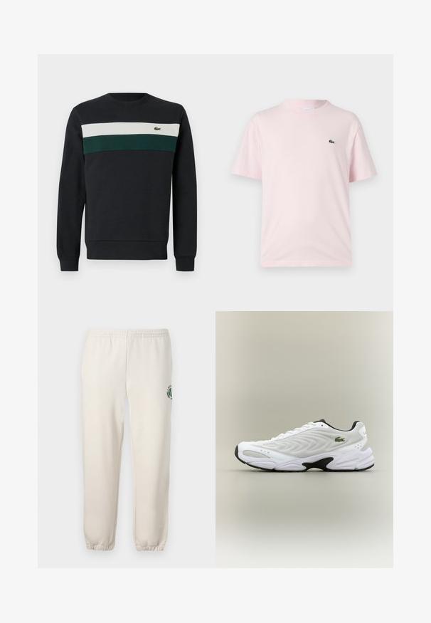Sweatshirt sombre avec une base noire, comportant des rayures horizontales vertes et blanches sur la poitrine et un petit logo brodé à gauche.; T-shirt en coton rose clair à manches courtes. Il présente un petit logo brodé vert sur la poitrine gauche. Conception à col rond.; Pantalon de jogging beige clair en coton, doté d'une taille élastique, de poignets en côtes et d'un logo vert avec un design de feuille sur la jambe gauche.; Baskets de sport blanches avec un dessus en mesh texturé, un design courbé et une semelle noire contrastante. Présente un logo brodé vert sur le côté.