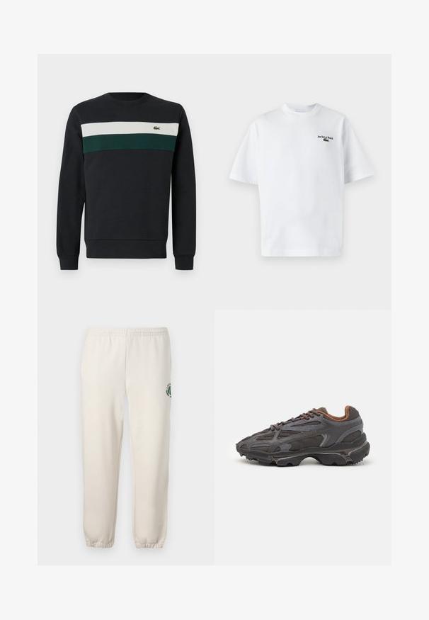 Donkere sweatshirt met een zwarte basis, voorzien van groene en witte horizontale strepen op de borst en een klein geborduurd logo aan de linkerkant.; Witte katoen t-shirt met korte mouwen, met de tekst "Jeu Set et Match" en een klein groen logo op de linkerkant van de borst. Klassieke pasvorm.; Lichtbeige sweatpants van katoen, met een elastische tailleband, geribde boorden en een groen logo met een bladerenontwerp op het linkerpand.; Lacoste sneakers in donkergrijs van mesh en synthetisch materiaal, met een gestructureerde zool en bruine accenten op de kraag en branding.