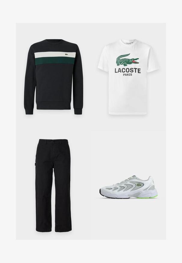 Donkere sweatshirt met een zwarte basis, voorzien van groene en witte horizontale strepen op de borst en een klein geborduurd logo aan de linkerkant.; Lacoste T-shirt print - white; Zwarte katoenen cargobroek met een recht model, voorzien van zijzakken en een knoopsluiting aan de voorkant. Duurzame stof met een gladde textuur.; Witte en grijze sportschoen met groene accenten en logo, meshpanelen en een dikke, gedempte zool, zijaanzicht op een effen achtergrond.