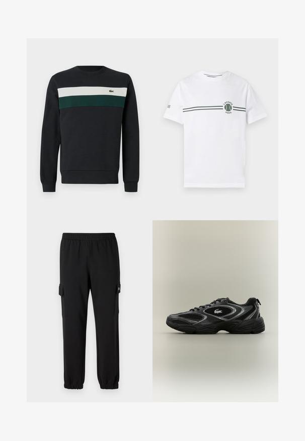 Sudadera oscura con base negra, con rayas horizontales verdes y blancas en el pecho y un pequeño logo bordado a la izquierda.; Camiseta de algodón blanca con mangas cortas, que presenta un diseño de rayas verdes y un logo circular de Lacoste en el pecho. Textura suave.; Pantalones de chándal negros con cintura elástica, puños ajustados y bolsillos laterales tipo cargo. Fabricados con material suave y textura lisa.; Zapatilla deportiva negra y gris con paneles de malla, diseño de cordones, suela gruesa y un pequeño logo de cocodrilo en el costado.