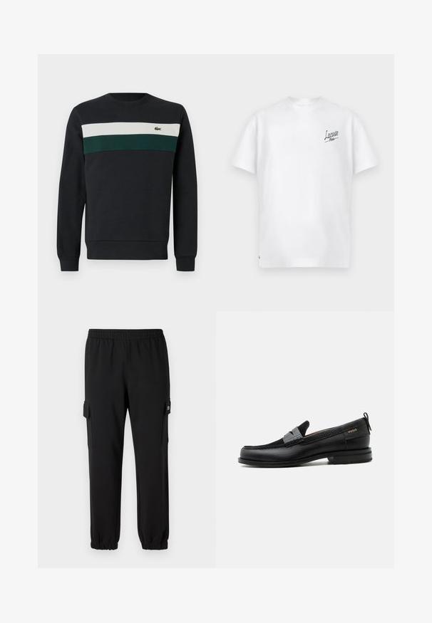 Sudadera oscura con base negra, con rayas horizontales verdes y blancas en el pecho y un pequeño logo bordado a la izquierda.; Camiseta de algodón blanca con cuello redondo y mangas cortas. Presenta un logo verde de "Lacoste Paris" en el lado izquierdo del pecho. Textura suave.; Pantalones de chándal negros con cintura elástica, puños ajustados y bolsillos laterales tipo cargo. Fabricados con material suave y textura lisa.; Mocasín de cuero negro con detalle de tira gris, tacón bajo y suela texturizada, con la marca "HUGO" en oro en el lateral.
