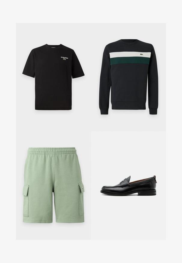 Sudadera oscura con base negra, con rayas horizontales verdes y blancas en el pecho y un pequeño logo bordado a la izquierda.; Camiseta de algodón negra con mangas cortas, cuello redondo, que presenta "Jeu Set et Match" en bordado blanco y un acento de logo de cocodrilo verde.; Pantalones cortos de algodón verde con una cintura elástica, dos bolsillos laterales tipo cargo y un pequeño detalle de logo en el bolsillo izquierdo.; Mocasín de hombre de piel negra con costura moc toe, tira penny, cuello texturizado y tacón bajo apilado sobre fondo blanco.
