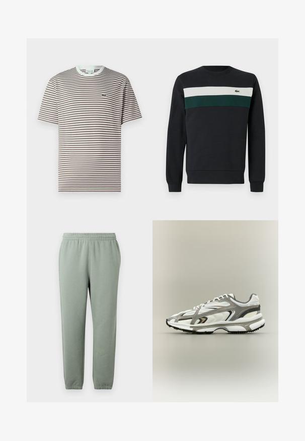 Donkere sweatshirt met een zwarte basis, voorzien van groene en witte horizontale strepen op de borst en een klein geborduurd logo aan de linkerkant.; T-shirt met korte mouwen en ronde hals in bruin en wit met horizontale strepen en een klein groen krokodillenlogo op de linkerborst.; Lichtgroene sweatpants met een elastische tailleband, taps toelopende pijpen en opgerolde enkelboorden. Gemaakt van zachte, lichte stof.; Sportschoen met een witte mesh bovenkant, grijze accenten, zwarte rubberen zool en een gestroomlijnd ontwerp. Bevat veters en textuurdetails.
