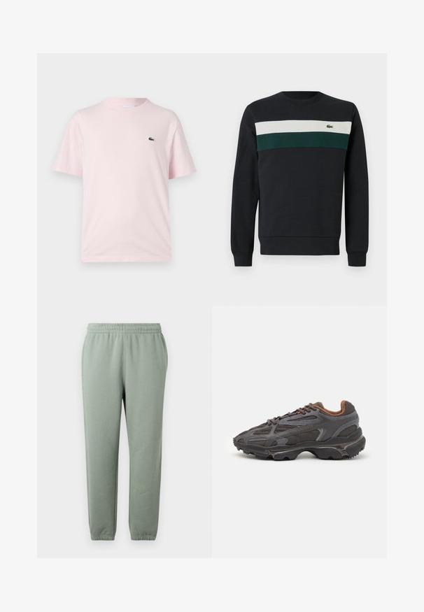 Sudadera oscura con base negra, con rayas horizontales verdes y blancas en el pecho y un pequeño logo bordado a la izquierda.; Camiseta de algodón de color rosa claro con mangas cortas. Presenta un pequeño logo bordado en verde en el lado izquierdo del pecho. Diseño de cuello redondo.; Pantalones de chándal verde claro con una cinturilla elástica, piernas ajustadas y puños en los tobillos. Fabricados con un tejido suave y ligero.; Zapatillas Lacoste en gris oscuro con material de malla y sintético, que cuentan con una suela texturizada y detalles en marrón en el cuello y la marca.