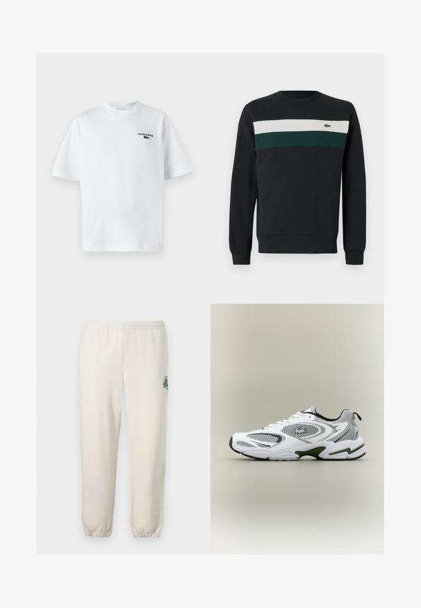 Donkere sweatshirt met een zwarte basis, voorzien van groene en witte horizontale strepen op de borst en een klein geborduurd logo aan de linkerkant.; Witte katoen t-shirt met korte mouwen, met de tekst "Jeu Set et Match" en een klein groen logo op de linkerkant van de borst. Klassieke pasvorm.; Lichtbeige sweatpants van katoen, met een elastische tailleband, geribde boorden en een groen logo met een bladerenontwerp op het linkerpand.; Witte en grijze sportieve hardloopschoen met meshpanelen, groene accenten, zwarte details en een logo aan de zijkant, getoond vanaf de buitenkant.
