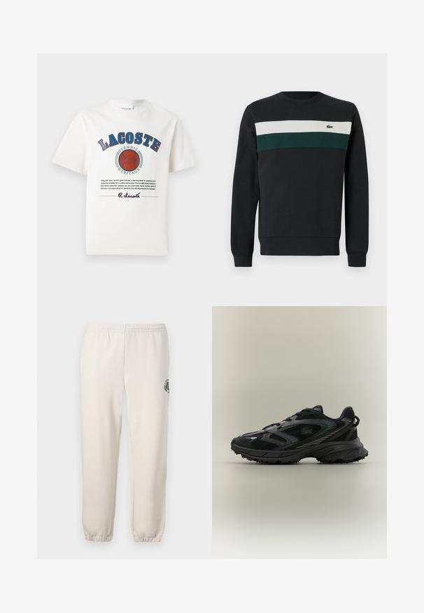Donkere sweatshirt met een zwarte basis, voorzien van groene en witte horizontale strepen op de borst en een klein geborduurd logo aan de linkerkant.; Witte katoenen t-shirt met blauwe en rode grafische tekst, illustraties en een logo op de voorkant, met een ronde halslijn en korte mouwen.; Lichtbeige sweatpants van katoen, met een elastische tailleband, geribde boorden en een groen logo met een bladerenontwerp op het linkerpand.; Zwarte sportieve schoen met meshpanelen, een gestructureerde zool, veters en een gebogen silhouet met zilveren accenten aan de zijkanten.