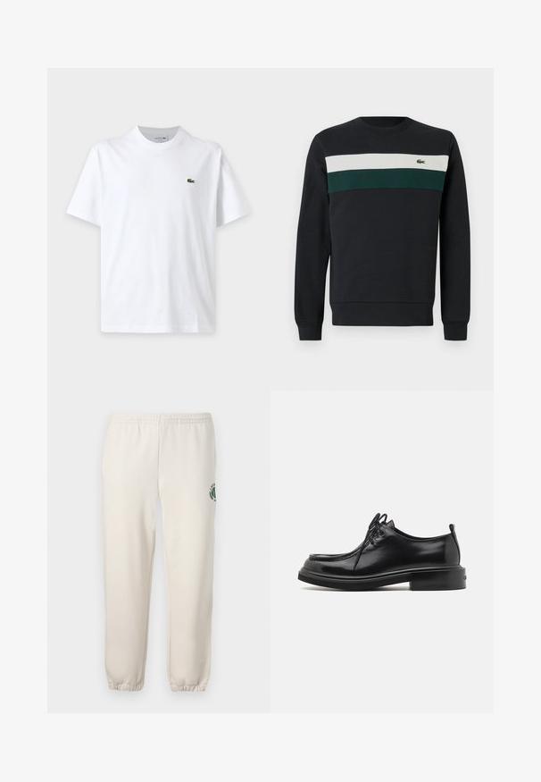 Donkere sweatshirt met een zwarte basis, voorzien van groene en witte horizontale strepen op de borst en een klein geborduurd logo aan de linkerkant.; Effen wit T-shirt met korte mouwen, ronde hals en klein groen krokodillenlogo op de linkerborst.; Lichtbeige sweatpants van katoen, met een elastische tailleband, geribde boorden en een groen logo met een bladerenontwerp op het linkerpand.; Calvin Klein LACE UP APRON BRUSH OFF - Veterschoenen - black