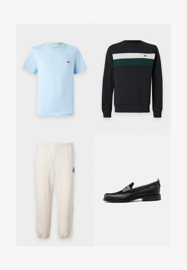 Sudadera oscura con base negra, con rayas horizontales verdes y blancas en el pecho y un pequeño logo bordado a la izquierda.; Camiseta de algodón azul claro con mangas cortas, cuello redondo con un ribete de rayas verdes y blancas, y un pequeño logo bordado en el pecho.; Pantalones de chándal de color beige claro, hechos de algodón, con una cinturilla elástica, puños acanalados y un logo verde con diseño de hoja en la pierna izquierda.; Mocasín de cuero negro con detalle de tira gris, tacón bajo y suela texturizada, con la marca "HUGO" en oro en el lateral.