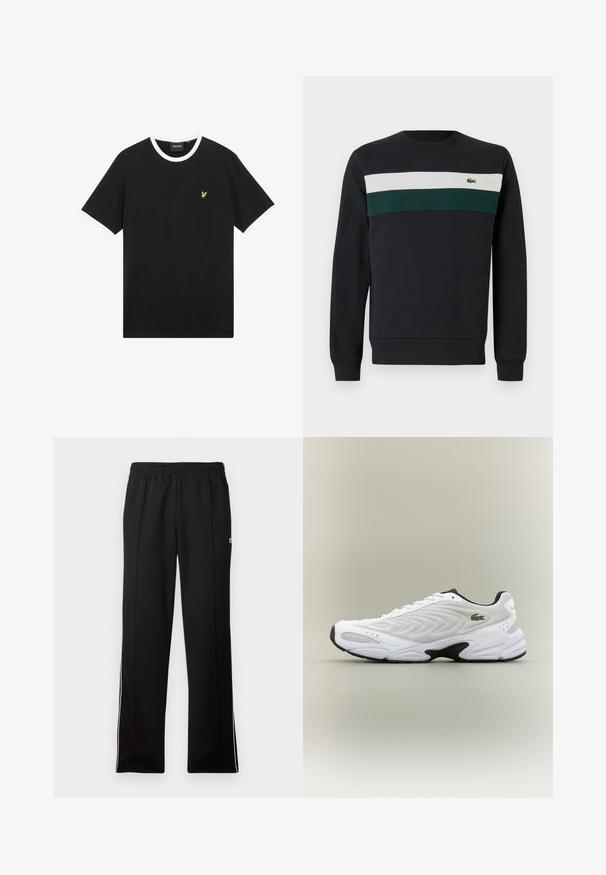 Donkere sweatshirt met een zwarte basis, voorzien van groene en witte horizontale strepen op de borst en een klein geborduurd logo aan de linkerkant.; Zwart T-shirt met witte kraag en mouwranden, gemaakt van katoen. Voorzien van een klein geel geborduurd adelaarlogo op de borst.; Zwarte sportleggings van volledige lengte met een elastische tailleband en witte zijstrepen, met een klein groen logo aan de bovenkant.; Witte sportieve schoen met een textuur van gaas bovenwerk, gebogen ontwerp en contrasterende zwarte zool. Heeft een groen geborduurd logo aan de zijkant.