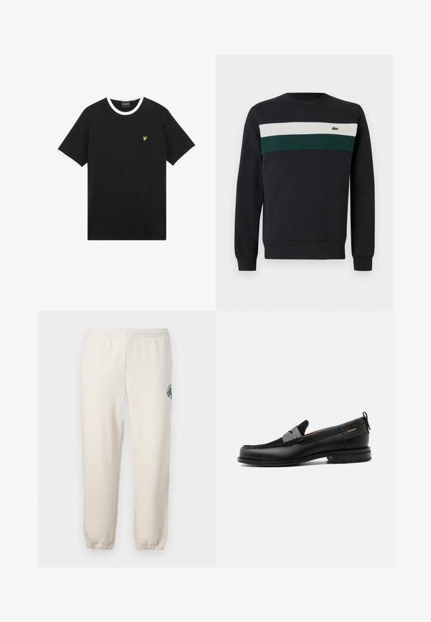 Donkere sweatshirt met een zwarte basis, voorzien van groene en witte horizontale strepen op de borst en een klein geborduurd logo aan de linkerkant.; Zwart T-shirt met witte kraag en mouwranden, gemaakt van katoen. Voorzien van een klein geel geborduurd adelaarlogo op de borst.; Lichtbeige sweatpants van katoen, met een elastische tailleband, geribde boorden en een groen logo met een bladerenontwerp op het linkerpand.; Zwarte leren loafer met grijs riemdetailelement, lage hak en gestructureerde zool, aan de zijkant gebrandmerkt met "HUGO" in goud.