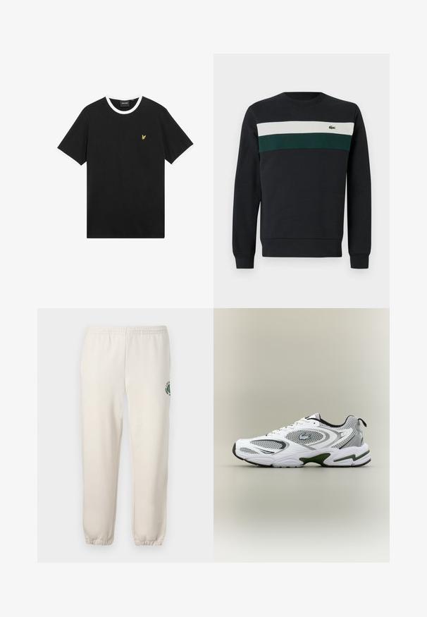Donkere sweatshirt met een zwarte basis, voorzien van groene en witte horizontale strepen op de borst en een klein geborduurd logo aan de linkerkant.; Zwart T-shirt met witte kraag en mouwranden, gemaakt van katoen. Voorzien van een klein geel geborduurd adelaarlogo op de borst.; Lichtbeige sweatpants van katoen, met een elastische tailleband, geribde boorden en een groen logo met een bladerenontwerp op het linkerpand.; Witte en grijze sportieve hardloopschoen met meshpanelen, groene accenten, zwarte details en een logo aan de zijkant, getoond vanaf de buitenkant.