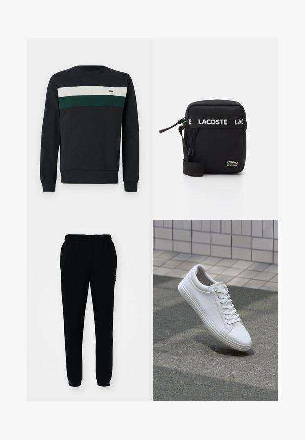 Donkere sweatshirt met een zwarte basis, voorzien van groene en witte horizontale strepen op de borst en een klein geborduurd logo aan de linkerkant.; Zwarte trainingsbroek met een elastische tailleband en boorden. Gemaakt van zachte stof, met een klein logo aan de linkerbovenkant.; Witte sneakers met een getextureerd leren bovenwerk, vlakke veters en een gladde rubberen zool. Licht gebogen neus en minimalistisch ontwerp.; Zwarte stoffen schoudertas met een witte LACOSTE logo band, bovenste ritssluiting en een groen geborduurd krokodillenlogo op de voorkant.