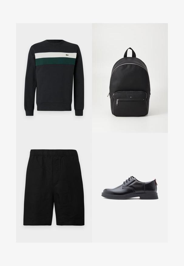 Sweatshirt sombre avec une base noire, comportant des rayures horizontales vertes et blanches sur la poitrine et un petit logo brodé à gauche.; Shorts noirs avec une ceinture élastique, en tissu texturé, de coupe droite sans poches ni accents visibles.; Chaussures en cuir noir à lacets avec une texture lisse, un bout arrondi et des détails de couture discrets. Présentent une languette rouge à l'arrière.; Sac à dos en cuir noir avec un design arrondi, comprenant une poche zippée à l'avant et des éléments en métal argenté. Surface texturée et poignée supérieure incluses.