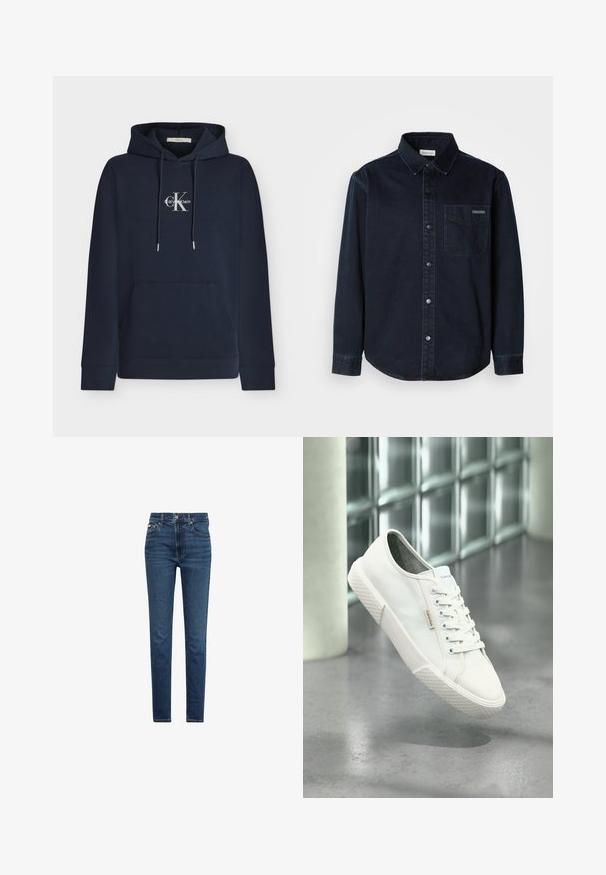 Mørkeblå hættetrøje med frontlomme og hvidt Calvin Klein-logo centreret på brystet.; Mørkeblå skjorte med knapper lavet af denimstof. Har en klassisk krave, brystlomme og kontrasterende syninger.; Mørkeblå slim fit jeans med forrest knap- og lynlåsmed lukning, fem lommer og synlige syninger på hvid baggrund.; Hvid Calvin Klein lavt sneakers med snørebånd, gummisål og logo-tag, svævende over gråt poleret gulv nær glasblokvæg.