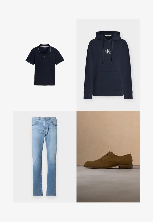 Sudadera con capucha azul marino con bolsillo delantero y logotipo blanco de Calvin Klein centrado en el pecho.; Polo de color azul marino hecho de algodón, con un cuello clásico, tapeta de tres botones y un contraste de ribete gris claro en el cuello y las mangas.; Pantalones vaqueros de mezclilla azul claro con un corte recto, diseño de cinco bolsillos y cierre de botón en la cintura. Textura suave con un leve desgaste.; Zapato de vestir para hombre de cuero ante marrón con cordones flotando sobre una alfombra beige y un sofá de fondo.