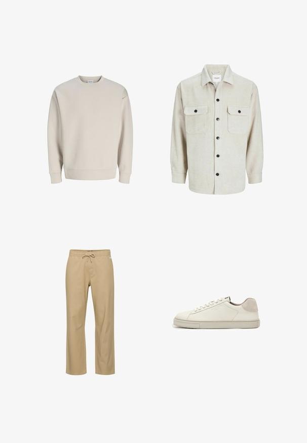 Sweat-shirt beige à col rond avec manches longues, poignets et bas côtelés, design uni, centré sur fond blanc.; Chemise en flanelle beige avec un col, dotée de deux poches poitrine, de boutons noirs et de manches longues avec des poignets à bouton.; Pantalon beige en coton coupe décontractée avec taille élastique et cordon de serrage. Comprend des poches latérales et une coupe droite. Pas de motifs visibles.; Baskets basses en cuir blanc avec lacets blancs, semelle légèrement texturée et patch en daim gris clair au talon, vue latérale.