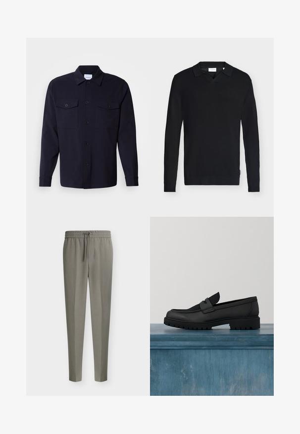 Jersey de punto negro de manga larga con un pequeño cuello y apertura en forma de V, presentado plano sobre un fondo gris claro.; Chaqueta de camisa azul marino hecha de una tela suave, con dos bolsillos en el pecho, un frente abotonado y mangas largas con puños abotonados.; Pantalones de hombre gris claro, de corte entallado, con piernas afiladas y una cintura elástica con cordón delantero.; Zapato negro de cuero tipo slip-on con un detalle de tela texturizada, suela de goma resistente y acabado suave. Presenta un detalle sutil de costuras.