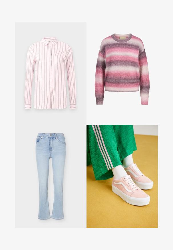 Zachte, pluizige crewneck trui met horizontale strepen in tinten roze, paars en wit, lange mouwen en geribbelde manchetten en zoom.; Lichtroze shirt met verticale kastanjebruine strepen, lange mouwen, knoopsluiting aan de voorkant en een klassieke kraag. Glad stof en aansluitend ontwerp.; Lichtblauwe high-waist bootcut jeans met vijf zakken, knoopsluiting en subtiele wassing details op de voorkant van de dijen.; Roze suède sneakers met witte accenten en dikke witte zolen, gecombineerd met groene pantalons met een patroon en roze zijstrepen.