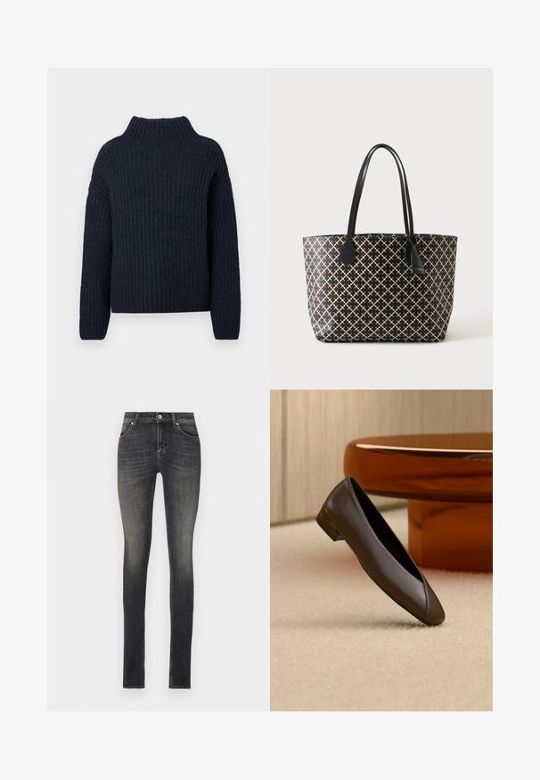 Mørk marineblå strikket sweater med ribbet tekstur, høj hals og sænkede skuldre, med en kvadratisk silhuet og lange ærmer.; Stramme jeans i mørkegrå denim med en mellem-højde talje, forlommer og diskrete fading effekter for et struktureret udseende.; Mørkebrun læder flad sko med lav hæl og gulddetalje, placeret på beige tæppe nær et rundt bord i ravfarve.; Sort mulepose med beige krydsmønster, to lange hanke og en hængende mærkat på en ensartet lys baggrund.