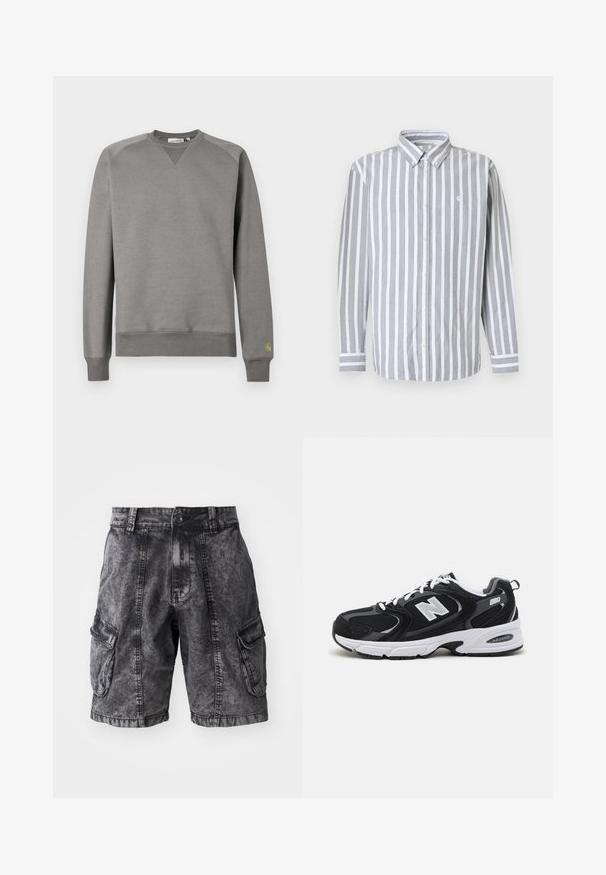 Sudadera gris hecha de tela suave. Presenta puños y dobladillo acanalados, cuello redondo y un pequeño logo verde en la manga izquierda.; Camisa de hombre abotonada con rayas verticales en gris y blanco, mangas largas y un pequeño logo en el pecho. Tela de algodón, cuello clásico.; Pantalones cortos cargo de mezclilla negra con textura desgastada, dos bolsillos laterales y cierre de botón. Hasta la rodilla con costuras reforzadas.; Zapatillas deportivas en negro y gris con parte superior de malla y ante, que cuentan con una entresuela blanca, cordones y un llamativo logo "N" en el lateral.