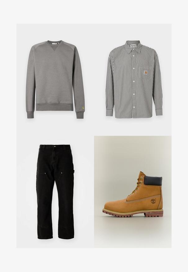 Grauer Pullover aus weichem Stoff. Verfügt über gerippte Bündchen und Saum, einen Rundhalsausschnitt und ein kleines grünes Logo auf dem linken Ärmel.; Schwarz-weiß gestreiftes Langarmhemd mit button-down Kragen. Verfügt über eine Brusttasche mit einem beigen Logo-Patch.; Schwarze Denim Cargo-Hosen mit lockerer Passform, ausgestattet mit zwei Vordertaschen, Seitentaschen und sichtbaren Nähdetails.; Brauner Leder-Stiefelette mit schwarzem Kragen, gelben Schnürsenkeln und hellbrauner Sohle. Verfügt über ein Logo und weiße Ziernähe. Robuste Profilsohle.