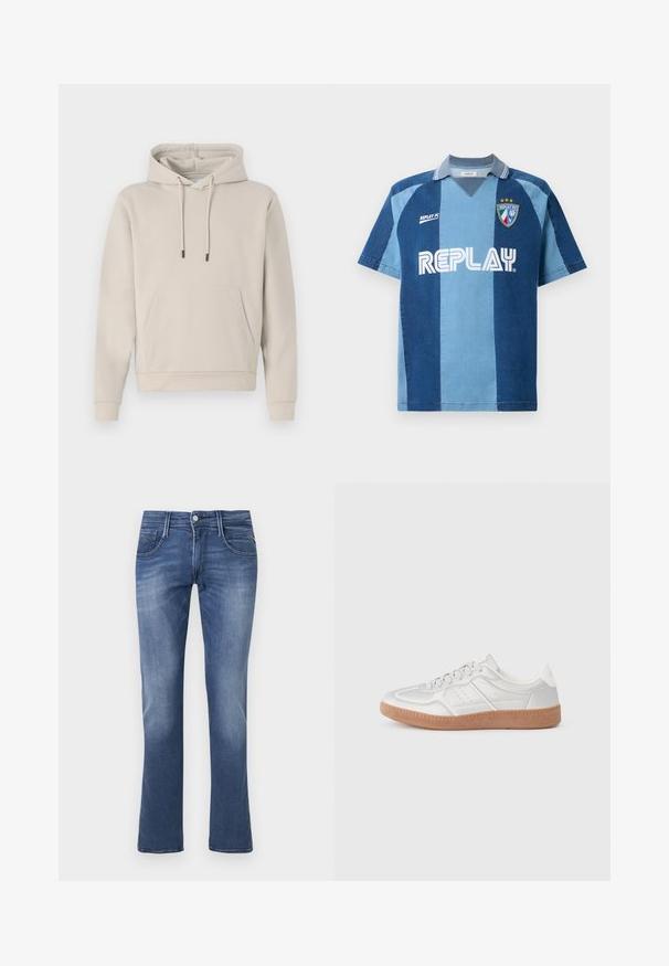 Hættebluse i lys beige med en frontlomme, snoretræk og ribbede manchetter. Lavet af blødt, glat stof med en afslappet pasform.; Denim-inspireret jersey med korte ærmer, der har et mørkeblåt og lyseblåt stribet design, V-hals, og "REPLAY" logoet præsenteret tydeligt.; Blå denim straight-leg jeans med frontknap, lynlås samt for- og baglommer på en hvid baggrund.; Sølv sneakers med en glat overflade, snørebånd, perforerede detaljer og en struktureret brun gummi sål.