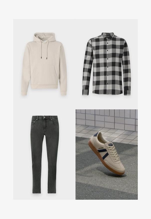 Sweat-shirt à capuche beige clair, avec une poche avant, des cordons de serrage et des poignets côtelés. Fabriqué en tissu doux et lisse avec une coupe décontractée.; Chemise à manches longues à carreaux noirs et gris avec une fermeture à boutons sur le devant. Dotée d'un col et de boutons noirs. Fabriquée en tissu doux et texturé.; Jean skinny gris foncé en denim à la texture lisse, présentant un fermeture à boutons classique et un design standard à cinq poches.; Baskets beiges avec une finition texturée, bandes navy et semelle en caoutchouc. Équipées d'une languette rembourrée et d'un système de laçage traditionnel pour un maintien sécurisé.