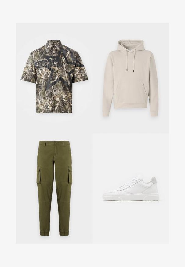 Hættebluse i lys beige med en frontlomme, snoretræk og ribbede manchetter. Lavet af blødt, glat stof med en afslappet pasform.; Kortærmet skjorte med knaplukning i camouflage mønster, prydet med et stort sort stjernegrafik og tekst på forsiden, samt klassisk krave og knaplukning.; Olivengrønne cargo-bukser med elastiske manchetter, der har to sidelommer, en frontlukning med knap og et glat, let materiale.; Hvide lædersneakers med en glat finish, rund tå, flade snørebånd og en struktureret sål. Grå ruskindsdetalje ved hælen.