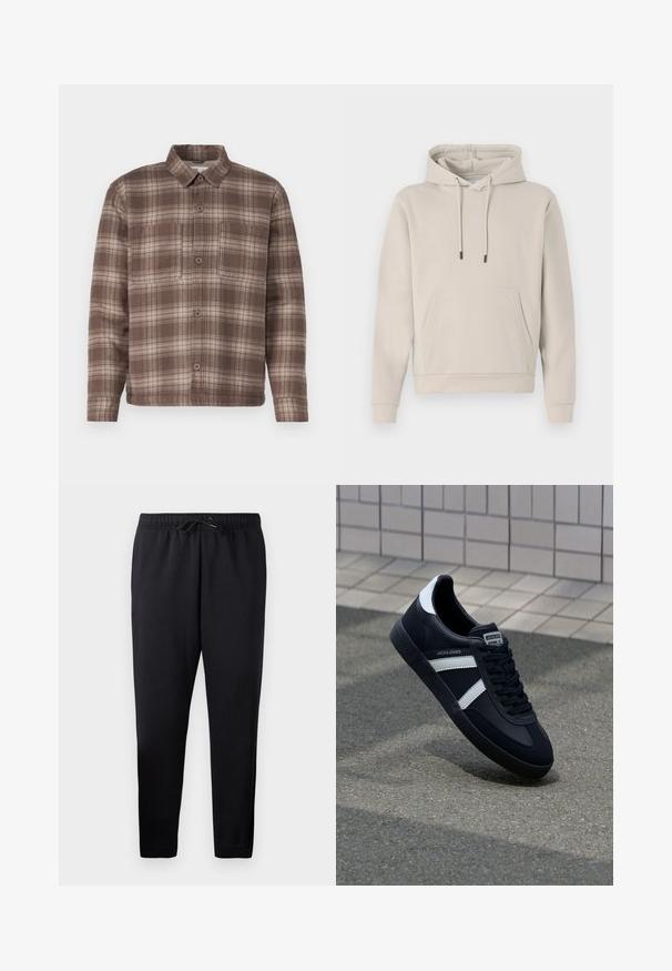 Kapuzensweatshirt in hellbeige, mit einer Fronttasche, Kordelzügen und gerippten Bündchen. Aus weichem, glattem Stoff gefertigt mit einer lockeren Passform.; Braun karierte Hemd mit spitzem Kragen, zwei Brusttaschen und Knopfschluss, aus einem weichen, strukturierten Stoff gefertigt.; Schwarze, taillierte Jogginghosen aus weichem Stoff, mit einem elastischen Bund und Kordelzug, mit gerippten Knöcheln und ohne Taschen.; Schwarze Leder-Sneaker mit weißen Streifen, strukturiertem Gummisohle und Schnürung. Verfügt über ein Markenetikett auf der Zunge.