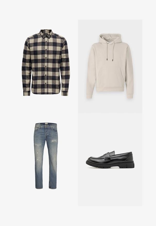Sweat-shirt à capuche beige clair, avec une poche avant, des cordons de serrage et des poignets côtelés. Fabriqué en tissu doux et lisse avec une coupe décontractée.; Chemise en flanelle pour homme en noir et crème, présentant un motif à carreaux classique, un col boutonné et des manches longues avec poignets à boutons.; Jean en denim bleu clair avec une coupe droite, détails déchirés à l'avant et style classique à cinq poches avec fermeture éclair.; Mocassin en cuir noir avec une large sangle sur le devant, semelle en caoutchouc à épaisse rainure, et texture lisse. Design classique et élégant.
