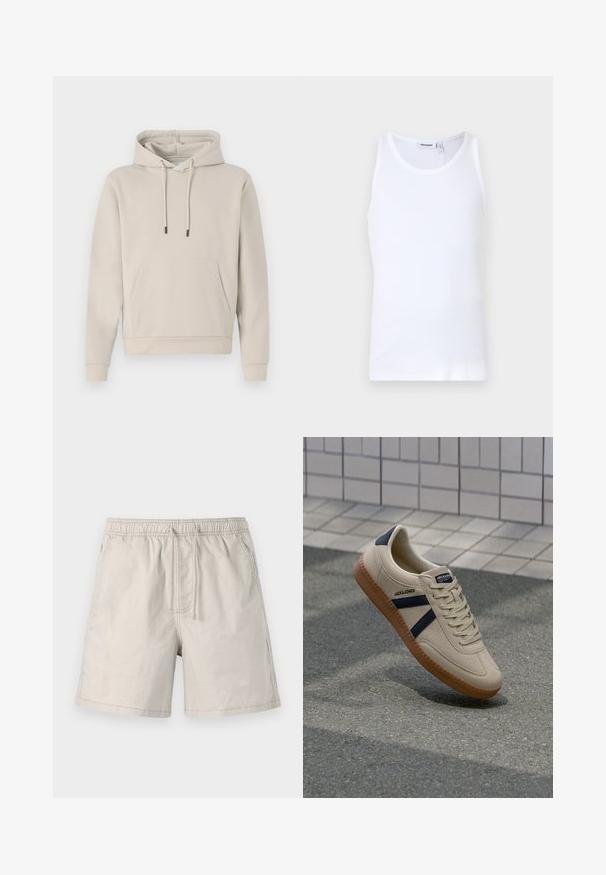 Kapuzensweatshirt in hellbeige, mit einer Fronttasche, Kordelzügen und gerippten Bündchen. Aus weichem, glattem Stoff gefertigt mit einer lockeren Passform.; Weißes Baumwoll-Top mit Rundhalsausschnitt und breiten Trägern. Glatte Textur, keine Muster, schlichte Gestaltung und Markenlabel am Halsausschnitt.; Beige Shorts aus leichtem Stoff, mit elasticem Taillenbund, Zugband und Seitentaschen mit kontrastierender Naht.; Beige Sneaker mit strukturierter Oberfläche, dunkelblauen Streifen und Gummisohle. Verfügt über eine gepolsterte Zunge und ein traditionelles Schnürsystem für einen sicheren Sitz.