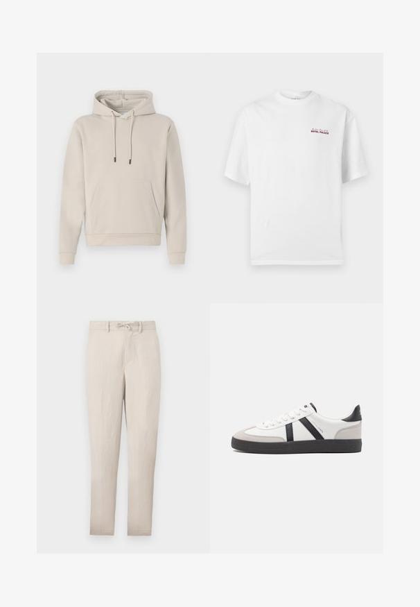 Sudadera con capucha en color beige claro, que cuenta con un bolsillo frontal, cordones y puños acanalados. Fabricada en tejido suave y liso con un corte relajado.; Camiseta blanca de manga corta con cuello redondo y pequeño texto rojo "Royal Palace" en el área del pecho izquierdo.; Pantalones tapered ligeros en color beige con cintura ajustable, frontales lisos y mínimas arrugas. Presentan pasadores para cinturón y bolsillos laterales.; Zapatilla blanca con acentos en negro y gris, que presenta una puntera texturizada en gris, suela de goma negra y cordones planos blancos. Diseño limpio, estilo minimalista.