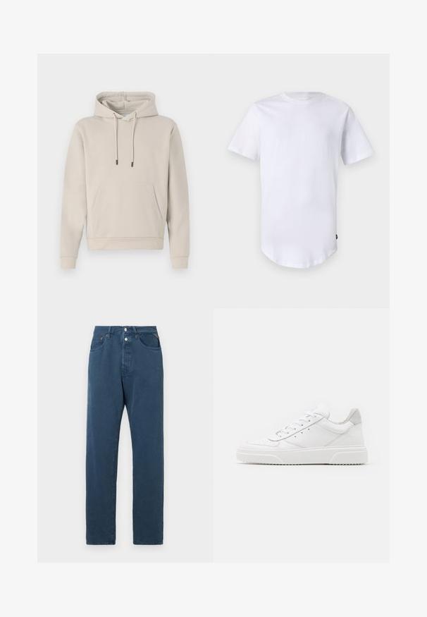 Hoodie in lichtbeige, met een voorzak, trekkoorden en geribbelde manchetten. Gemaakt van zacht, glad materiaal met een losse pasvorm.; Witte katoenen t-shirt met korte mouwen. Rond de hals ontwerp met een gebogen zoom. Label zichtbaar aan de onderste linkerzijde. Gladde textuur.; Blauwe jeans met een rechte pasvorm, met een hoge taille, twee voorkanten zakken en een knoopsluiting. De stof lijkt glad en eenvoudig.; Witte leren sneakers met een gladde afwerking, ronde neus, platte veters en een gestructureerde zool. Grijze suède accent bij de hiel.