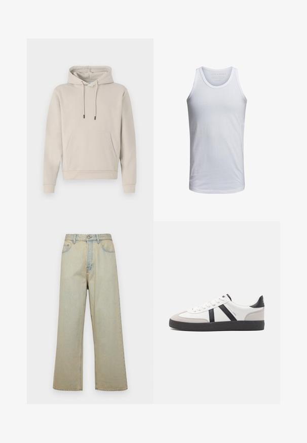 Sudadera con capucha en color beige claro, que cuenta con un bolsillo frontal, cordones y puños acanalados. Fabricada en tejido suave y liso con un corte relajado.; Top de tirantes de algodón blanco con cuello redondo, tirantes anchos y un logo minimalista impreso dentro del cuello. Textura suave, ajuste casual.; Jeans de pierna ancha de color azul claro, fabricados en denim con un acabado desgastado. Cuenta con cinco bolsillos y un cierre frontal de botón.; Zapatilla blanca con acentos en negro y gris, que presenta una puntera texturizada en gris, suela de goma negra y cordones planos blancos. Diseño limpio, estilo minimalista.