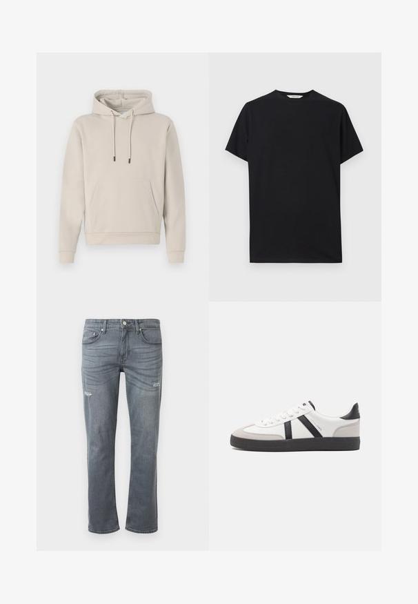 Hættebluse i lys beige med en frontlomme, snoretræk og ribbede manchetter. Lavet af blødt, glat stof med en afslappet pasform.; Sort kortærmet t-shirt lavet af blødt bomuldsstof. Rund halsudskæring med en afslappet pasform, der har rene, enkle linjer og ingen synlige mønstre.; Grå denim jeans med rett ben design, let slid ved knæene og traditionel fem-lomme stil. Knaplukning i taljen.; Hvide sneakers med sorte og grå detaljer, med en tekstureret grå tåhætte, sort gummisål og flade hvide snørebånd. Rent design, minimalistisk stil.