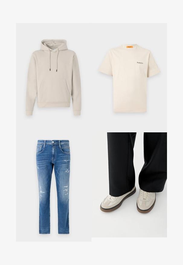 Hættebluse i lys beige med en frontlomme, snoretræk og ribbede manchetter. Lavet af blødt, glat stof med en afslappet pasform.; Replay Inc. ESSENTIAL LOGO UNISEX - T-shirts basic - ivory; Denim jeans i en lys blå vask med almindelig pasform. Har slidte detaljer og subtilt slid ved lommerne og knæene.; Fødder iført beige sneakers med brune såler og sorte bukser med vide ben på hvid baggrund.