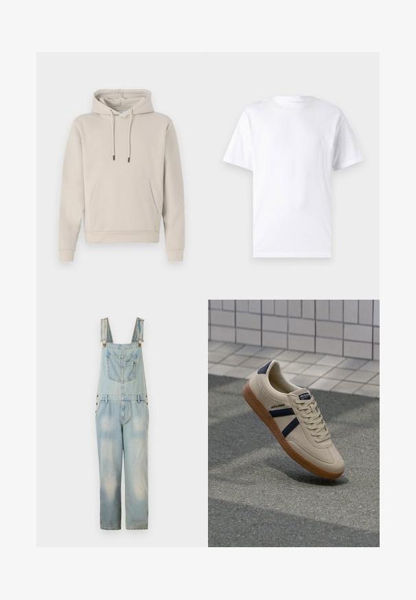 Sudadera con capucha en color beige claro, que cuenta con un bolsillo frontal, cordones y puños acanalados. Fabricada en tejido suave y liso con un corte relajado.; Camiseta blanca de manga corta hecha de algodón con cuello redondo, que presenta una textura suave y un diseño simple sin patrones ni acentos.; Breteles de mezclilla azul claro con tirantes ajustables, bolsillos en el pecho y los laterales, y un corte holgado y corto. Presenta zonas descoloridas.; Zapatilla beige con acabado texturizado, rayas azul marino y suela de goma. Presenta una lengüeta acolchada y un sistema de cordones tradicional para un ajuste seguro.