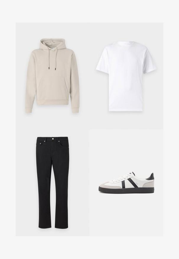 Sweat-shirt à capuche beige clair, avec une poche avant, des cordons de serrage et des poignets côtelés. Fabriqué en tissu doux et lisse avec une coupe décontractée.; T-shirt blanc à manches courtes en coton avec un col rond, présentant une texture lisse et un design simple, sans motifs ni accents.; Jean en denim noir avec une coupe droite, comportant cinq poches et des accessoires en métal argenté, avec une texture lisse. Sans motifs ni accents.; Baskets blanches avec des accents noirs et gris, présentant un embout texturé gris, une semelle en caoutchouc noir et des lacets plats blancs. Design épuré, style minimaliste.